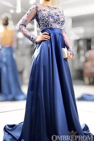 Chic Long Sleeves Round Neck A Line Prom Dresses with Appliques