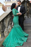 Sexy Green Mermaid V Neck Tulle Applique 3/4 Sleeves Sweep Train Plus Size Prom Dresses