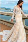 2024 White Lace Mermaid Deep V-Neck Backless Long Sleeve Wedding Dresses