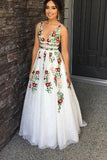 Elegant Ivory V Neck Lace Prom Dresses Backless Pockets Wedding Dresses with Flowers P1046