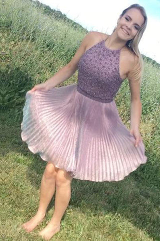 Purple Halter Scoop Beaded Open Back Short Homecoming Dresses