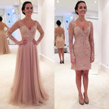 Charming V Neck Long Sleeves with Sequins Floor Length Tulle Prom Dresses