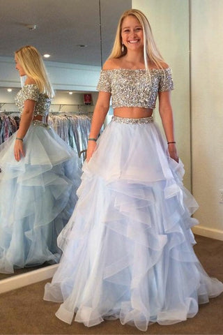 Two Pieces Beading Light Blue And Silver Princess Prom Dresses Cute Party Dresses