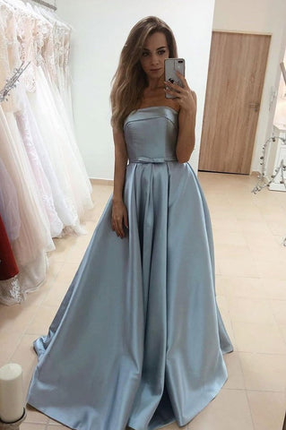 Modest Simple Strapless Long A-line Satin Prom Dresses With Pockets