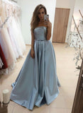 Modest Simple Strapless Long A-line Satin Prom Dresses With Pockets