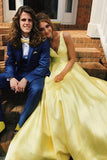 Beautiful Backless Long A-line Yellow Satin Prom Dresses For Teens Cute Dresses