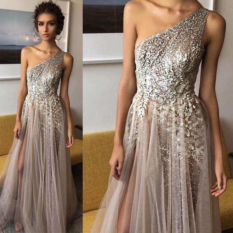 Elegant A Line Brown One Shoulder Tulle Shinning Side Split Long Prom Dresses