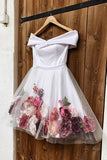 White Off Shoulder Floral Bloom Short Prom Homecoming Dresses