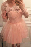 Long Sleeves Short Prom Tulle Homecoming Dresses with Appliques