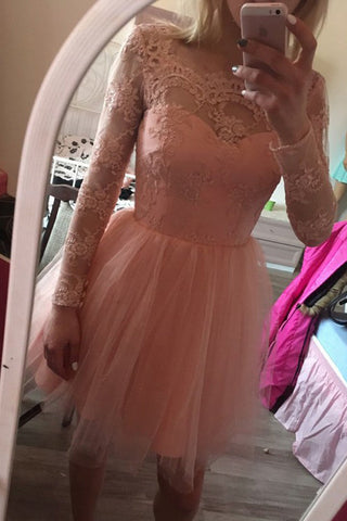 Long Sleeves Short Prom Tulle Homecoming Dresses with Appliques