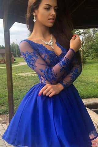 Royal Blue A-Line Long Sleeves V-Neck Illusion Lace Short Prom Dresses