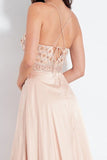 Pretty Blush Pink A-Line Spaghetti Straps V-neck Backless Front Split Elegant Beading Prom Dresses