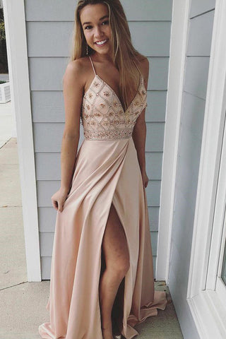 Pretty Blush Pink A-Line Spaghetti Straps V-neck Backless Front Split Elegant Beading Prom Dresses
