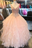 Luxury V-Neck Ruffles Sequin Beads Tulle Floor-Length Wedding Gowns
