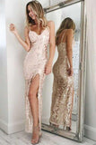 Luxury Spaghetti Straps Split Sequins With Appliques Prom Dresses