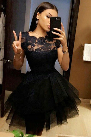 Black Short Sleeve Lace Appliques Puffy Short Homecoming Dresses