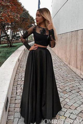 Two Piece Black Prom Dresses Long Sleeves A Line Party Dresses