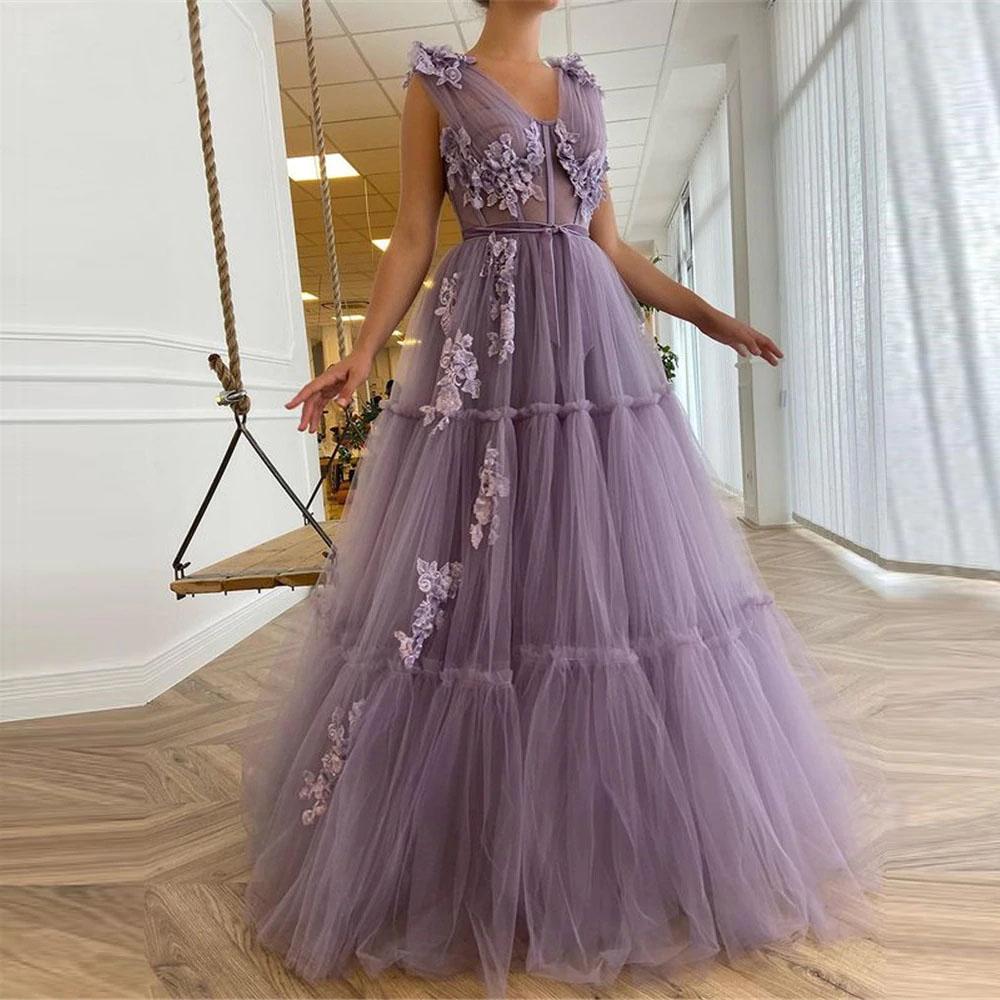 Elegant Tulle A Line Long Prom Dresses Sheer V Neck 3D Flowers Evening Dresses