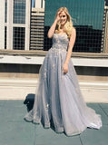 Silver Sleeveless A-line Spaghetti Straps Lace Long Prom Dresses