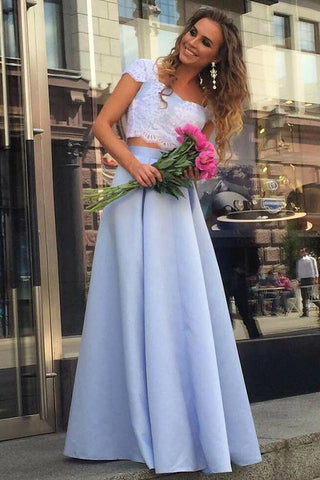 Unique Two Pieces Cap Sleeves Sweetheart Floor Length Lace Prom Dresses