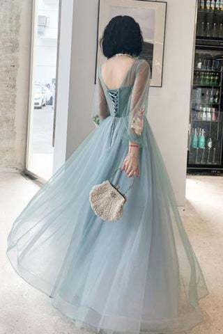 Elegant Long Sleeves Appliqued Tulle Prom Dress, Floor Length Appliques Evening Dress