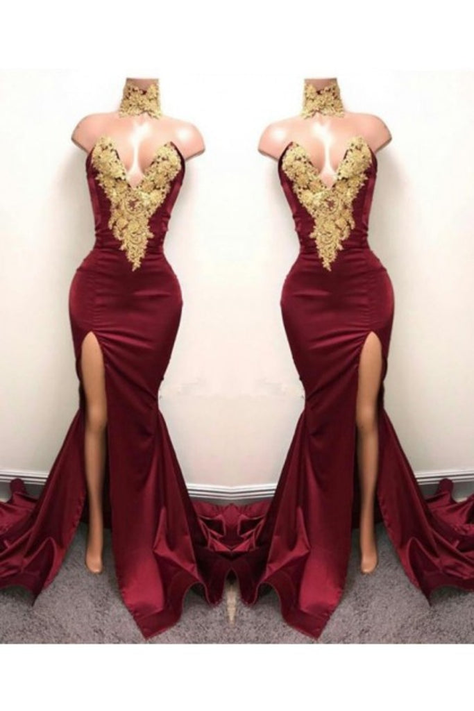 2022 Charming Red V-Neck Sexy Satin Prom Dresses