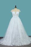 2022 A Line Lace Cap Sleeve Scoop Wedding Dresses With Beads Court Train