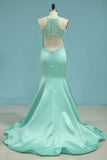 2024 New Arrival Open Back Prom Dresses Mermaid Satin With Beads And Applique