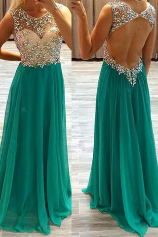 Open Back Prom Dresses Scoop A Line With Beads Sweep Train