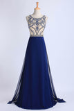 2024 Hot Selling Scoop A Line Full Length Prom Dress Beaded Tulle Bodice With Chiffon Skirt Ready To Ship