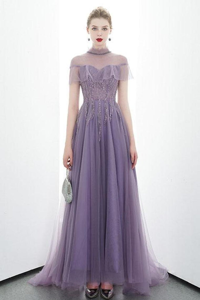 A-Line Tulle Long High Neck Prom Dresses With Ruffles Formal Evening Dress