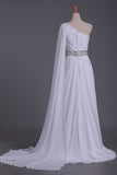 2024 White Prom Dress One Shoulder Pleated Bodice Sheath Beaded Waistline Chiffon Court Train