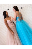 A-Line Spaghetti Straps Appliques Long Prom Dresses Tulle Evening Dress