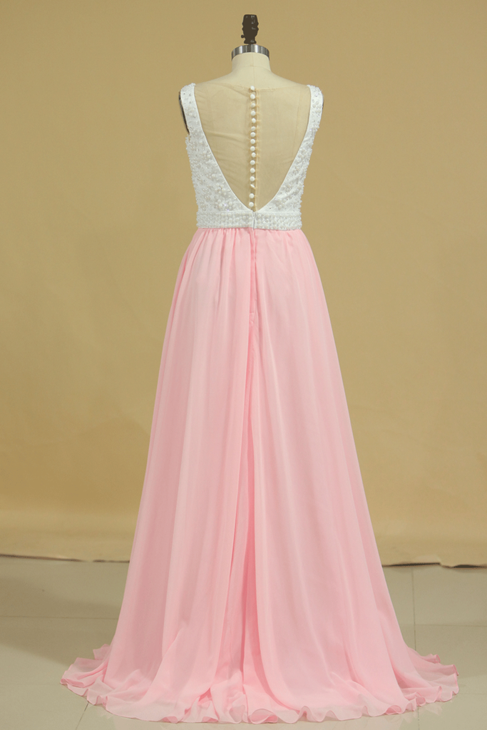 2024 New Arrival Prom Dresses Scoop A Line Chiffon With Beading Sweep Train