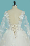 2024 Tulle A Line Scoop Wedding Dresses With Beading Chapel Train Lace Up