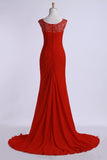 2024 Prom Dresses Off The Shoulder Pleated Bodice Sheath/Column Beaded Court Train