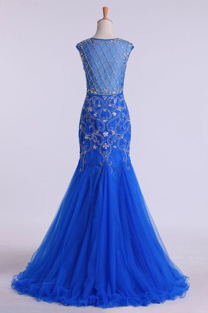 2024 Scoop Beaded And Fitted Bodice Trumpet Prom Dress Tulle
