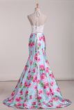 2024 Two Pieces Halter Mermaid Floral Prom Dresses Sweep Train