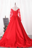 2024 Scoop Prom Dresses Long Sleeves Satin A Line With Applique Court Train