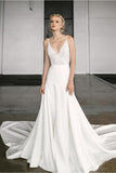 Elegant A-Line V Neck Spaghetti Straps Wedding Dresses With Lace Bodice