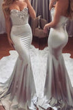 2024 Sexy Silver Prom Dresses Mermaid Sweetheart Elastic Satin Zipper Up With Beadings