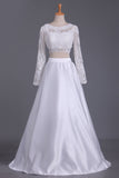 2024 Two-Piece Bateau Long Sleeves Prom Dresses Satin Floor Length