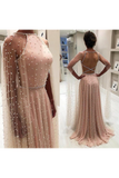 Cape Sleeve Long Prom Dresses With Pearls Tulle