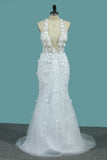 2024 Wedding Dresses V Neck Mermaid Tulle With Applique And Handmade Flowers