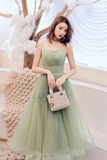 Simple Tulle Spaghetti Strap Sleeveless Pleated Prom Dresses, A Line Party Dress