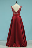 2024 A Line Scoop Open Back Satin & Lace Floor Length Prom Dresses