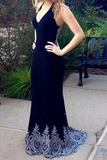 Dark Navy Blue Mermaid Prom Dresses With Appliques, Charming Long Formal Dresses