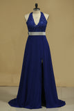 2024 Prom Dresses A Line Halter Chiffon With Sash And Applique