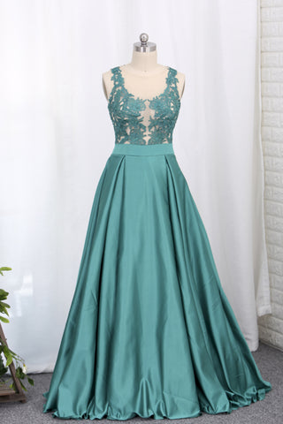 2024 Prom Dresses A Line Scoop With Applique Satin Sweep Train