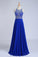 2024 Halter A-Line/Princess Dark Royal Blue Prom Dresses Tulle And Chiffon Sweep Train